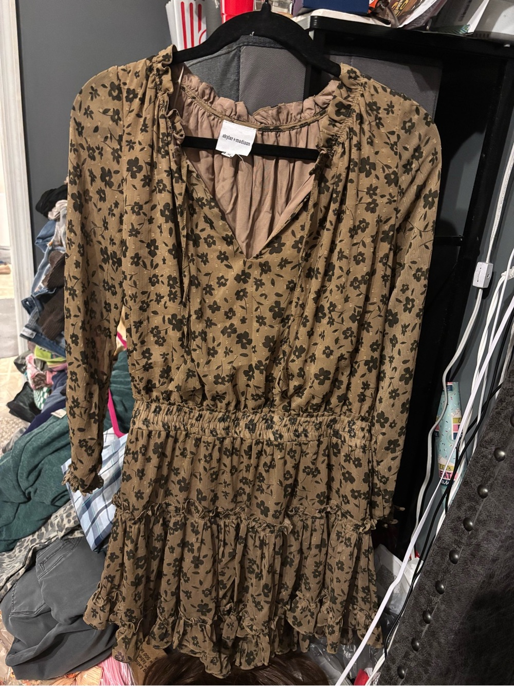 Skylar + Madison Olive Green Floral Tiered Mini Dress
